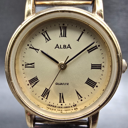 Seiko Alba Watch Women 24mm Champagne Dial Gold Tone Round V515-6300 New Battery1