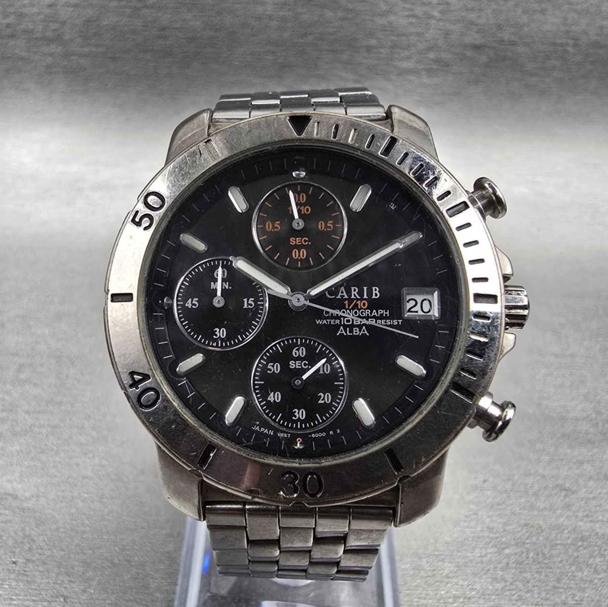Alba Carib Chronograph Watch Men 38mm Black Dial Silver Tone V657-6000 New Batt0