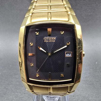 Citizen Eco-Drive Tank Watch Men 31mm Black Dial Gold Date E111-S049369 Runs DG0