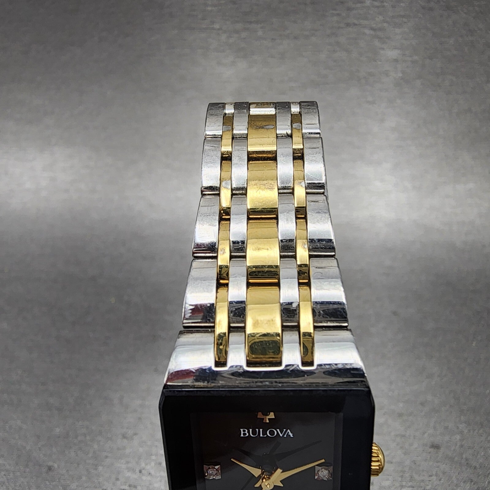 Bulova Quadra Tank Watch Women 21mm Black Dial Two Tone Date Rectangle Diamonds4