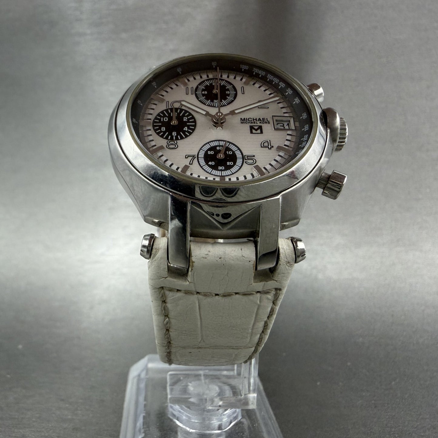 Michael Kors Chronograph Watch Women 36mm White Dial Silver Tone date New BattAB5