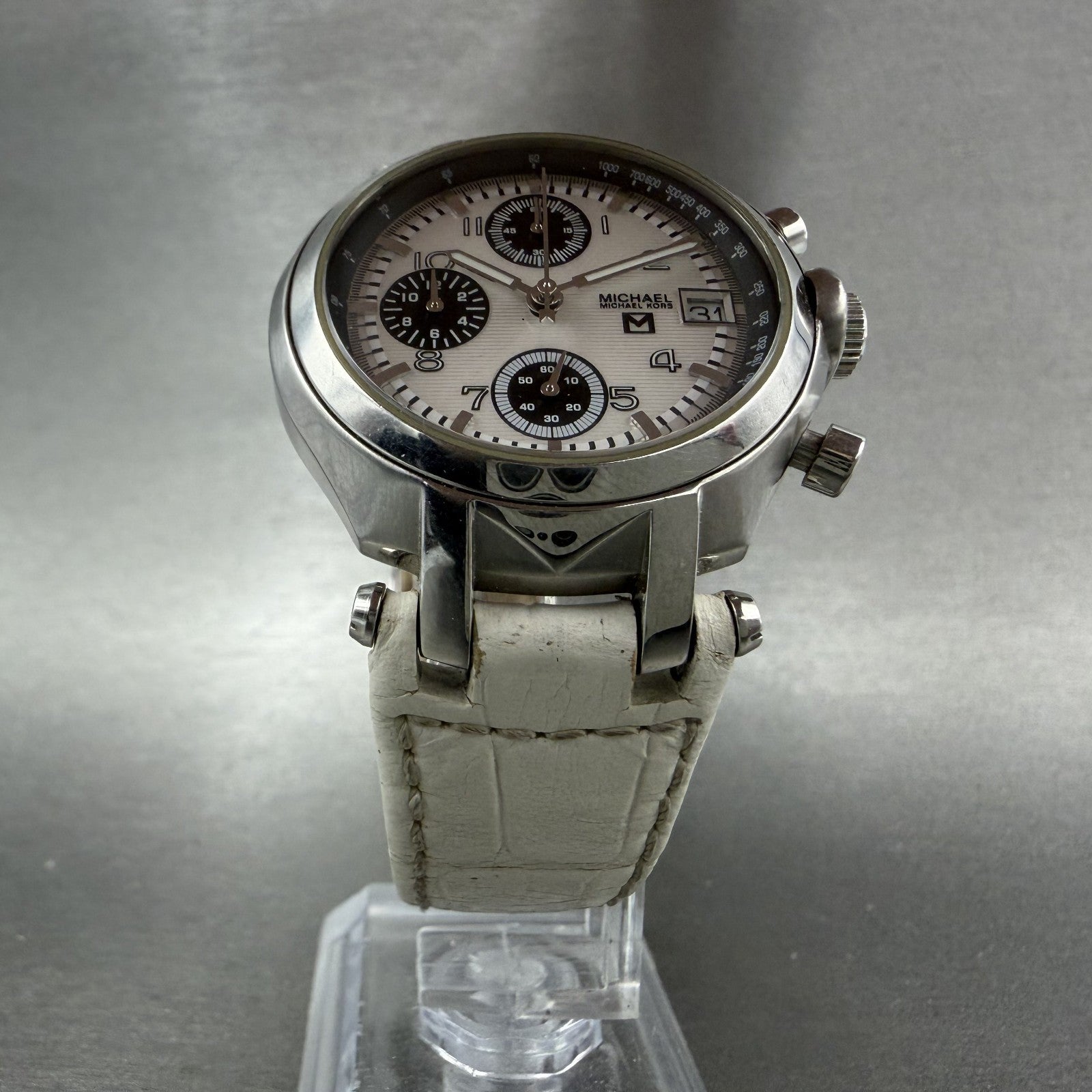 Michael Kors Chronograph Watch Women 36mm White Dial Silver Tone date New BattAB5