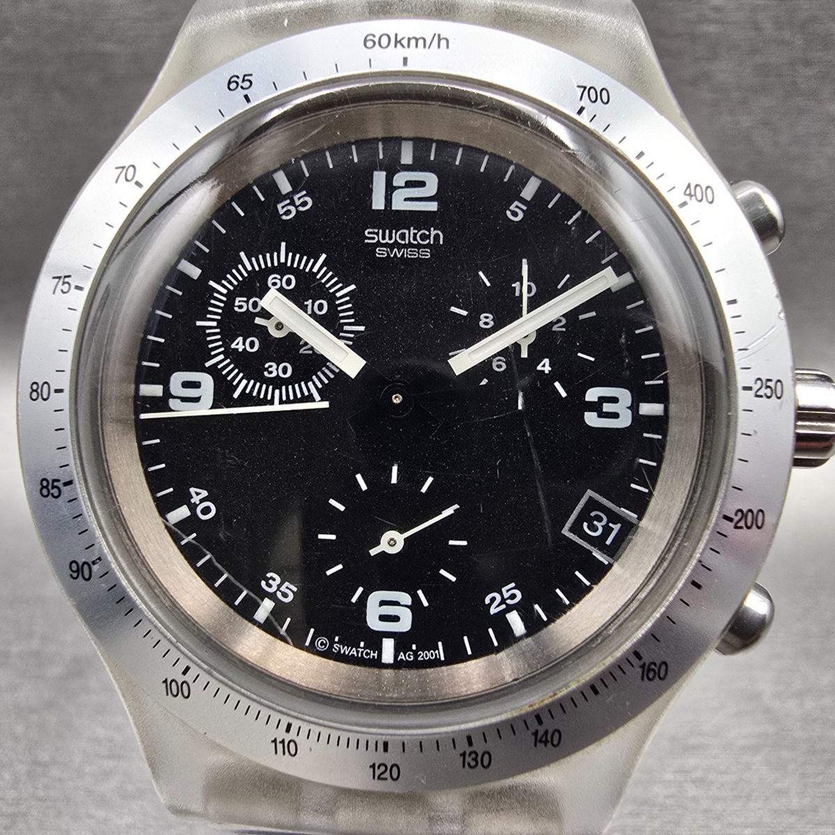 Swatch Irony Diaphane Chrono Firestorm Watch Men 43mm Black Dial Clear READ!!!!!1