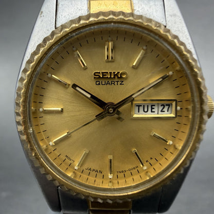 Seiko Watch Women 24mm Gold Dial Two Tone Daydate Round 7n83-0041 New Battery K41