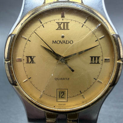 Movado Watch Men 34mm Gold Dial Two Tone Date Round 88-52-867 CRACKED New Batt1