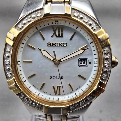 Seiko Solar Watch Women 28mm MOP Dial Two Tone Date Gemmed Round V137-0AD0 Works1