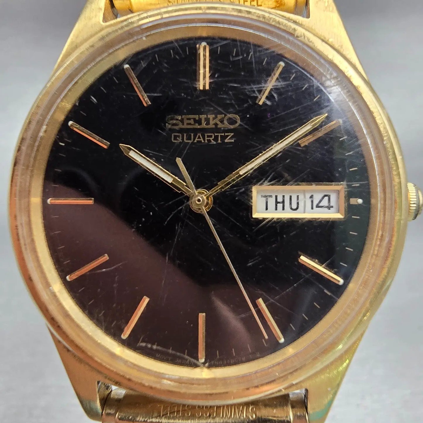 Seiko Watch Men 35mm Black Dial Gold Tone Daydate Round 7N43-8A39 New Battery1