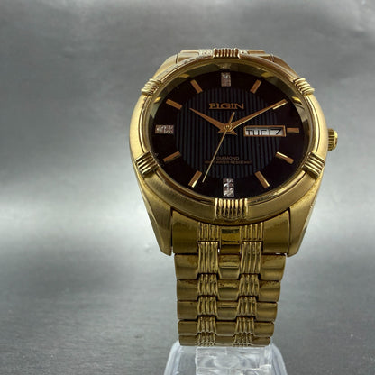 Elgin Watch Men 38mm Black Dial Gold Tone Daydate Round FG268N New Battery5