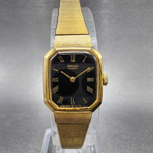 Seiko Watch Women 17mm Black Dial Gold Tone Octagon 4N00-5139 New Battery B123