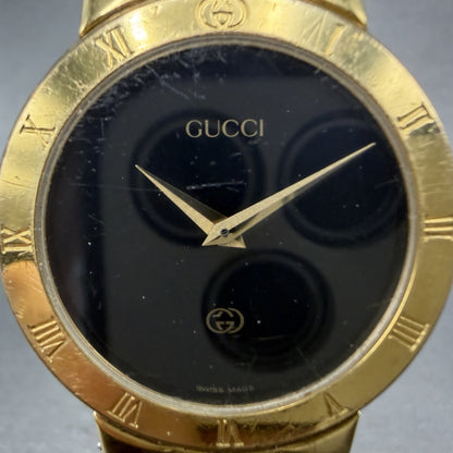 Gucci 3300M Watch Men 33mm Black Dial Gold Tone Round Vintage Bracelet PARTS2