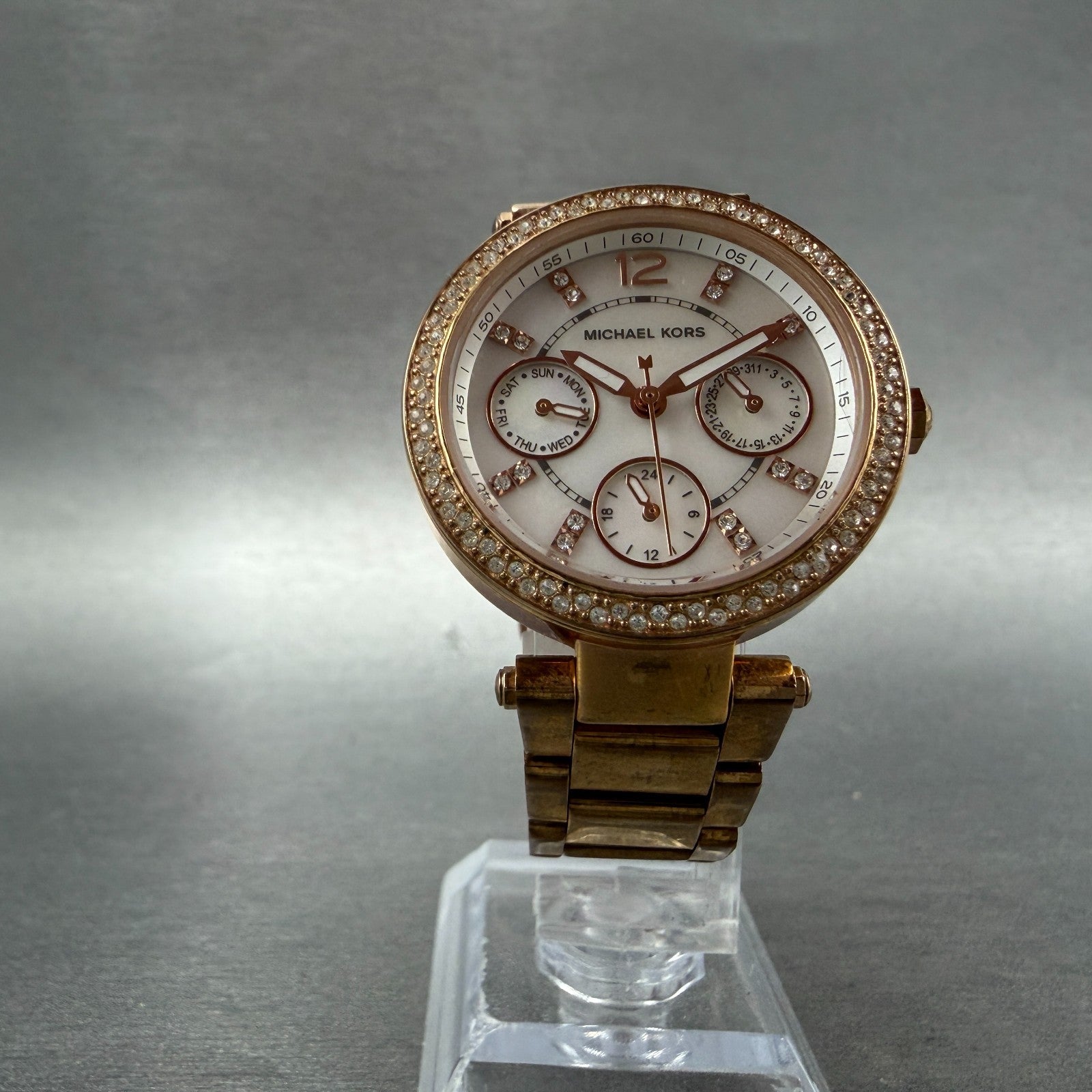 Michael Kors Mini Parker Watch Women 33mm MOP Dial Rose Gold Tone Daydate NewBat5