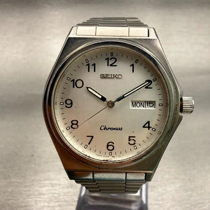 Seiko Chronos Watch Men 35mm Silver Dial Silver Daydate Round 5H23-7060 New Batt0
