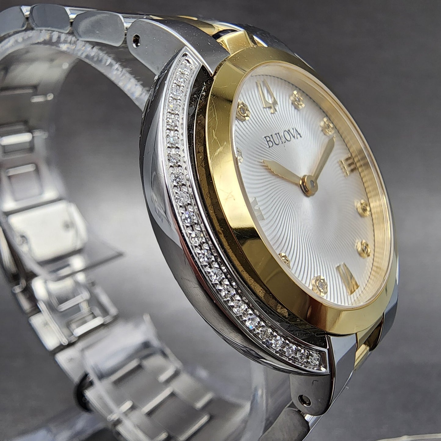 Bulova Rubaiyat Watch Women 35mm Silver Dial Two Tone Diamond Bezel 98R2464