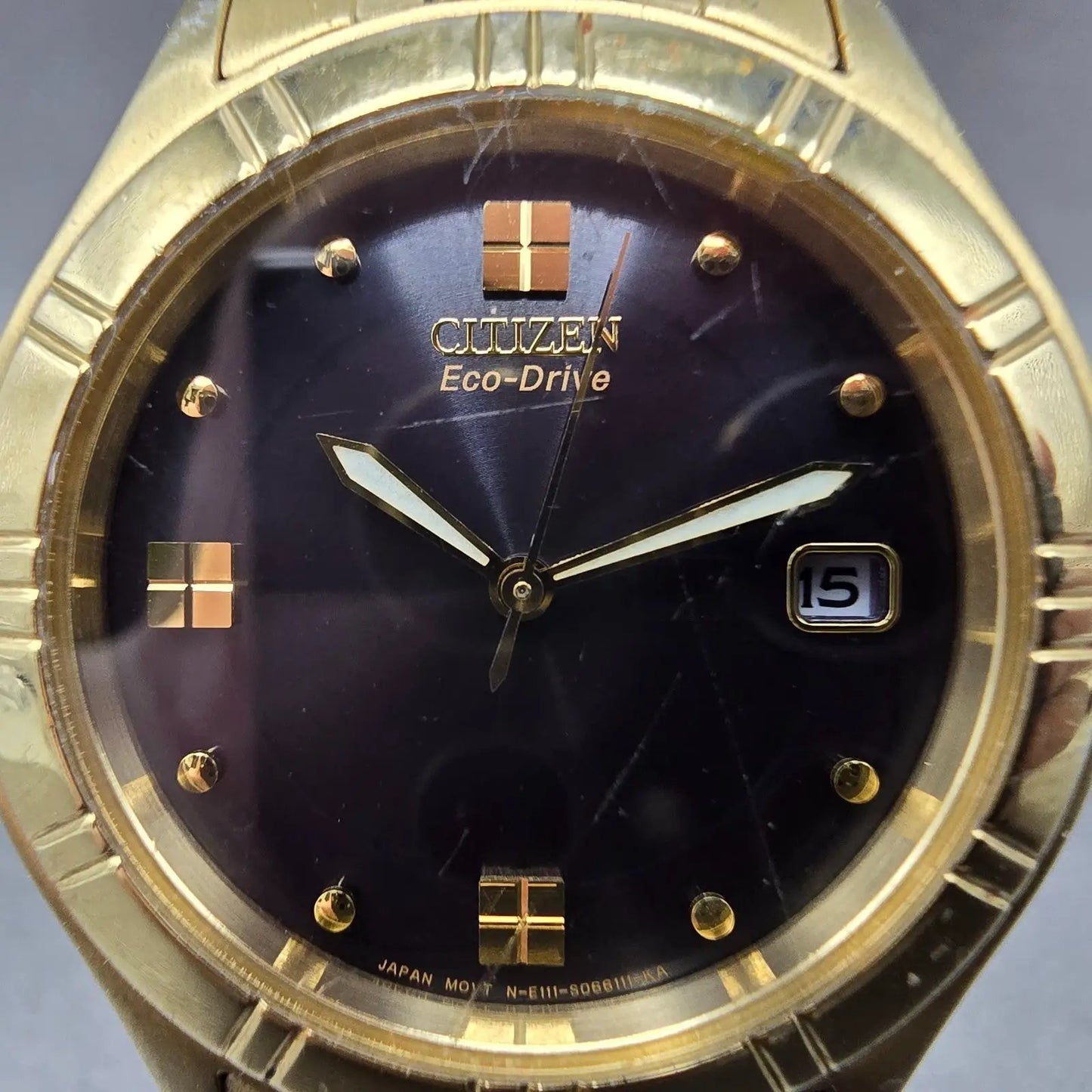 Citizen Eco-Drive Watch Men 35mm Blue Dial Gold Tone Date E111-S040264 Runs1