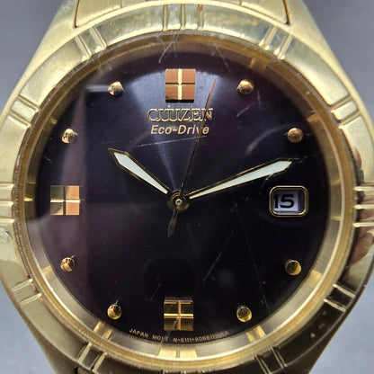 Citizen Eco-Drive Watch Men 35mm Blue Dial Gold Tone Date E111-S040264 Runs1