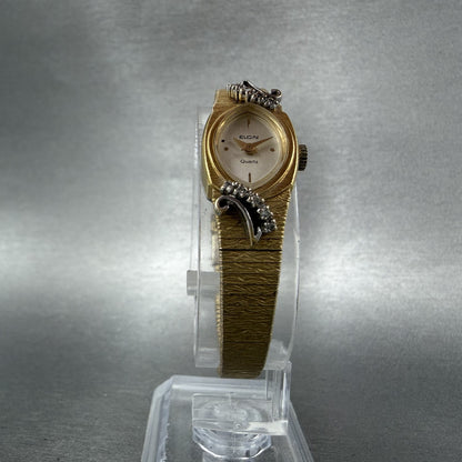 Elgin Watch Women 14mm Silver Dial Gold Tone Oval Diamond Accents New Battery5