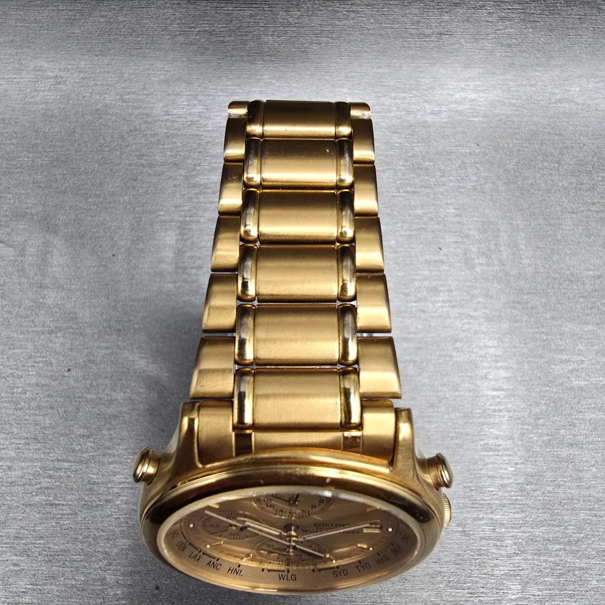 Seiko World Timer Watch Men 38mm Gold Dial Chrono Alarm Date 5T52-6A28 New Batt4
