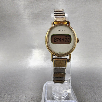 Seiko Digital Watch Women 22mm LCD White Dial Gold Tone Oval B3375050 New Batt5
