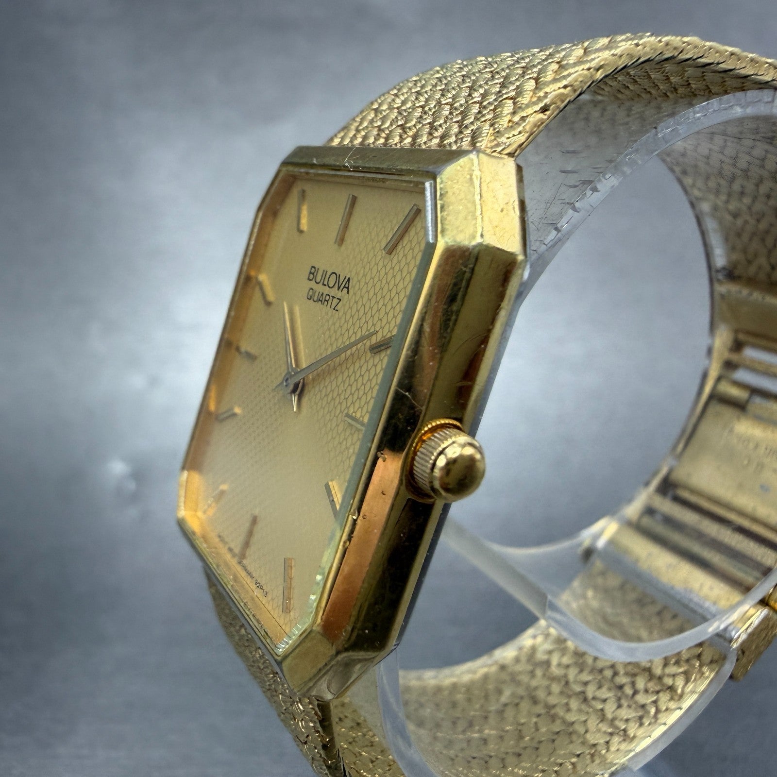 Bulova Tank Watch Men 25mm Gold Dial Gold Tone Octagon Mesh Band 92P13 New Batt2