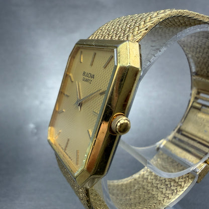 Bulova Tank Watch Men 25mm Gold Dial Gold Tone Octagon Mesh Band 92P13 New Batt2