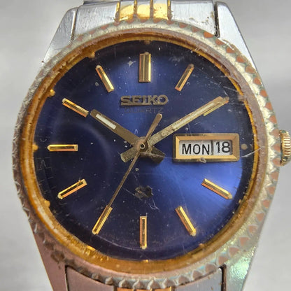Seiko SQ Watch Women 25mm Blue Dial Two Tone Daydate Round 3Y03-0169 New Battery1