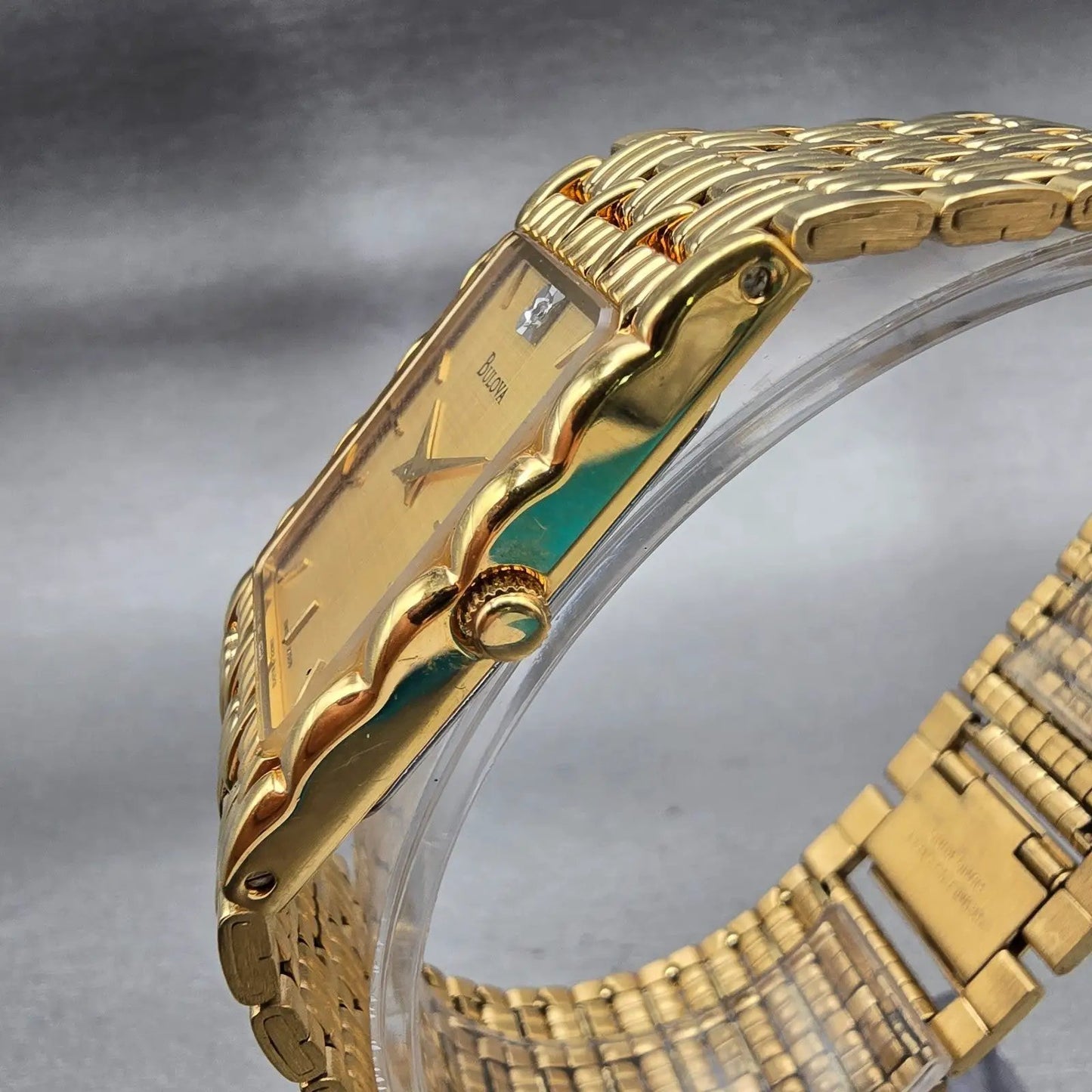 Bulova Watch Men 23mm Gold Dial Gold Tone Diamond Rectangle 97D05 New Battery2