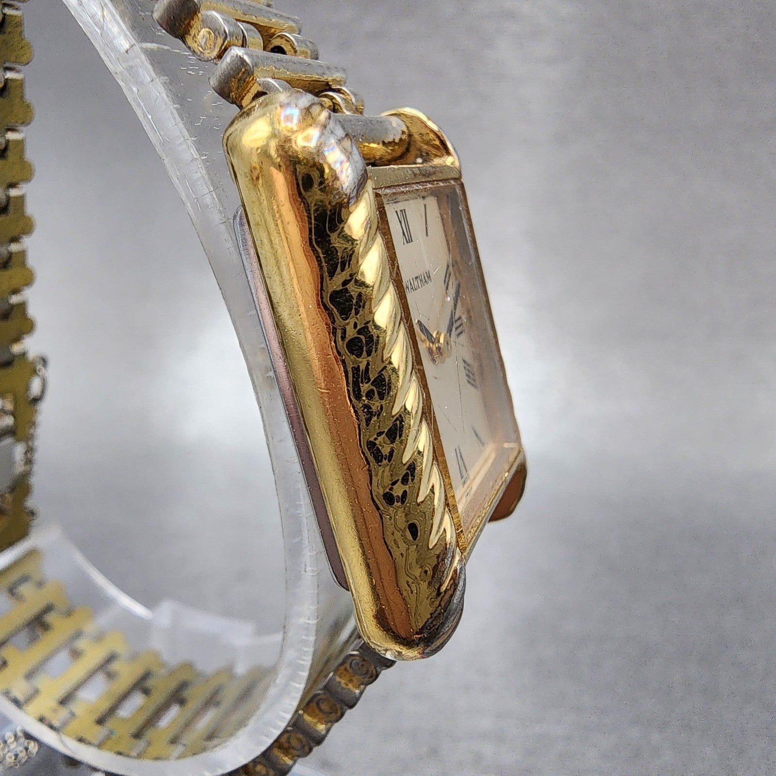 Waltham Tank Watch Women 21mm Champagne Dial Gold Tone Rectangle Manual Runs3
