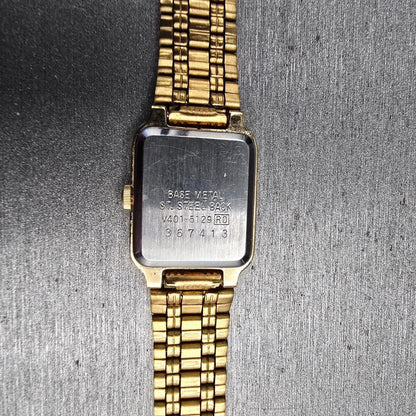 Seiko Tank Watch Women 17mm Champagne Dial Gold Rectangle V401-5129 NewBatt JEP410
