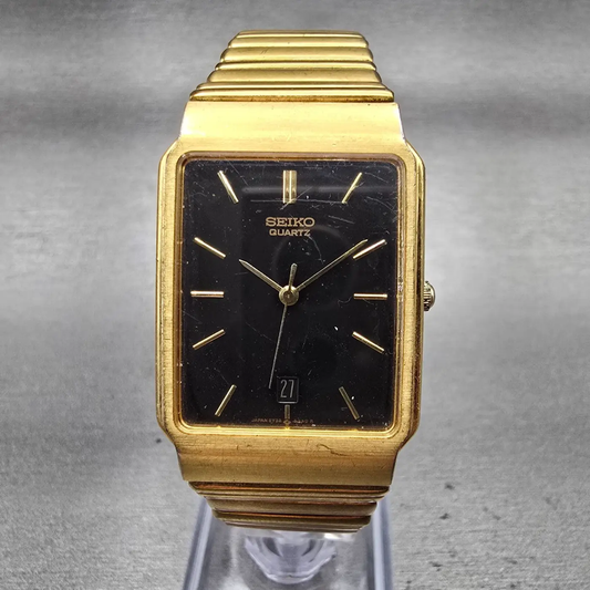 Seiko Tank Watch Men 26mm Black Dial Gold Tone Date Rectangle 5Y32-5129 New Batt0