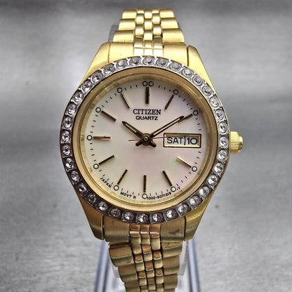 Citizen Watch Women 26mm MOP Dial Gold Tone Daydate Gemmed 1002-S044456 New Batt0