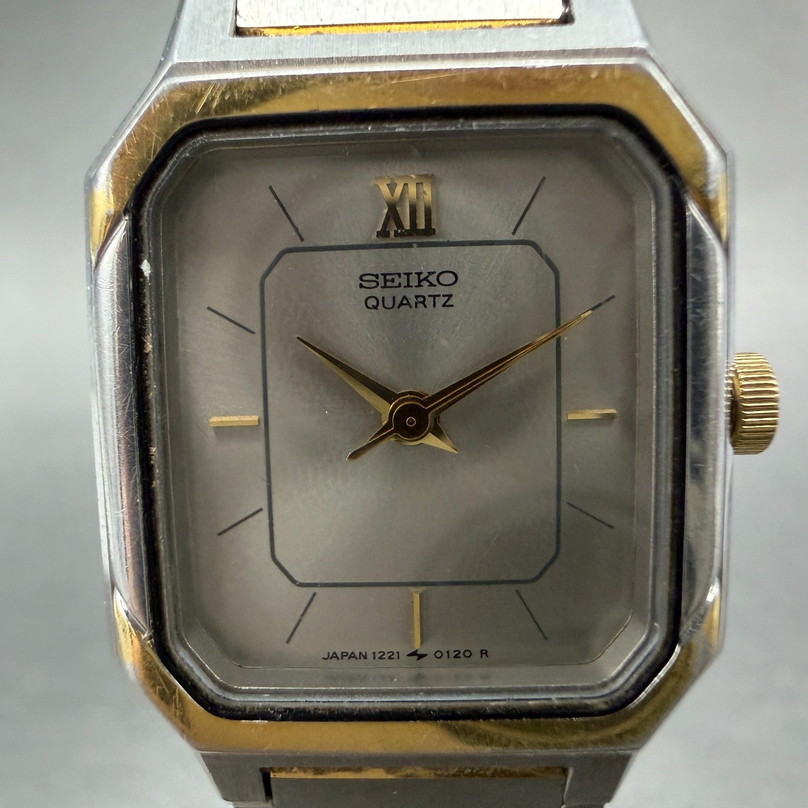 Seiko Tank Watch Women 20mm Silver Dial Two Tone Rectangle 1221-5060 New Battery1
