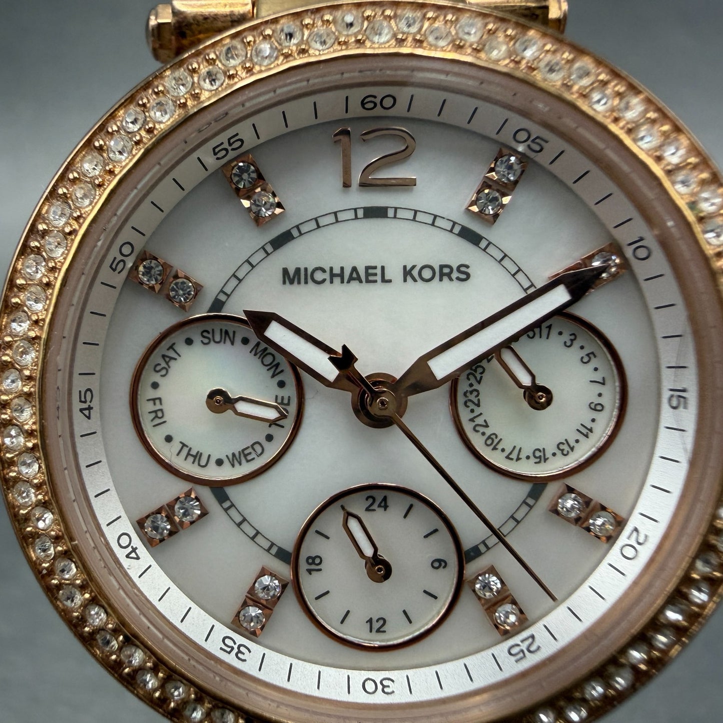 Michael Kors Mini Parker Watch Women 33mm MOP Dial Rose Gold Tone Daydate NewBat1