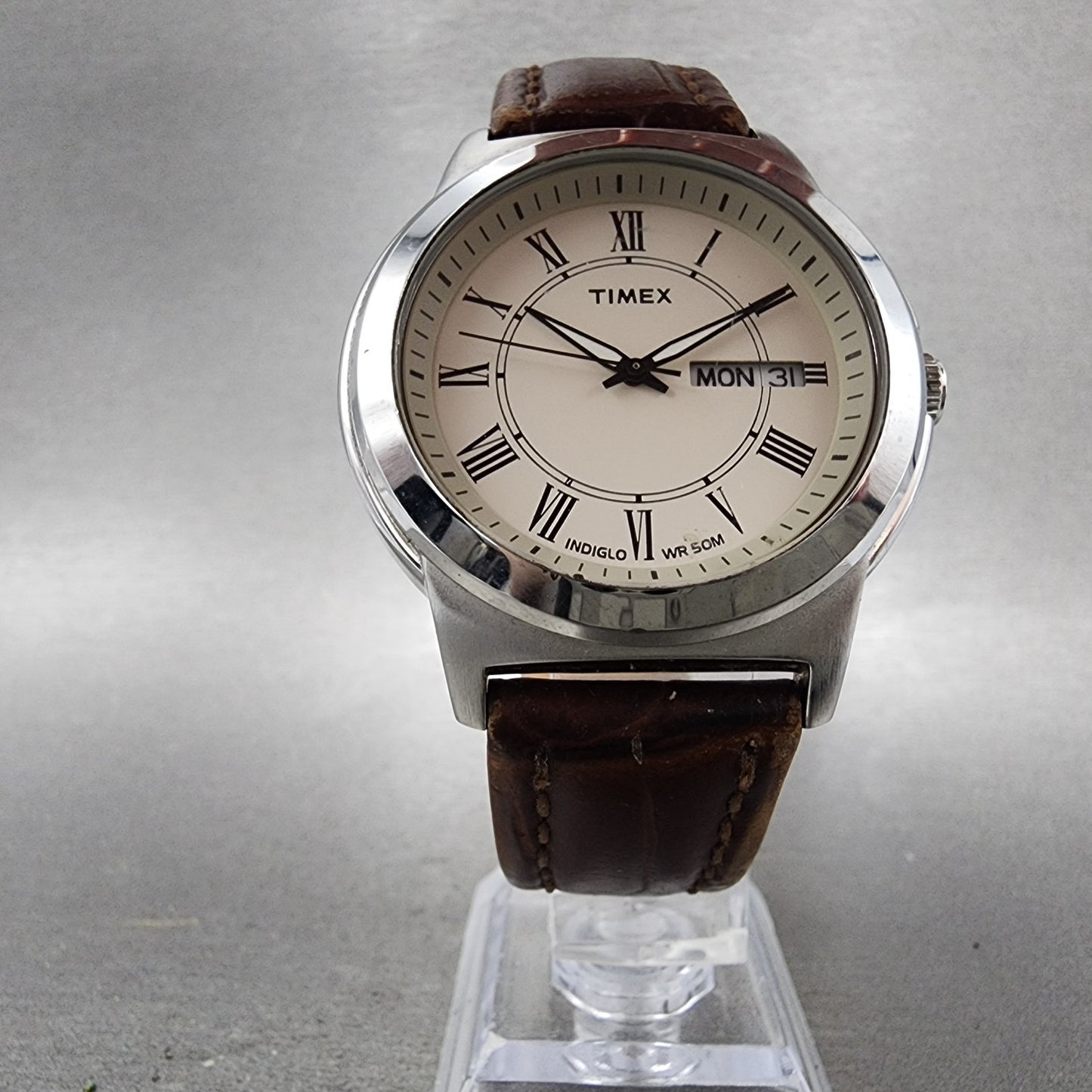 Timex Easy Reader Watch Men 40mm White Dial Silver Tone Daydate Round New Batt5