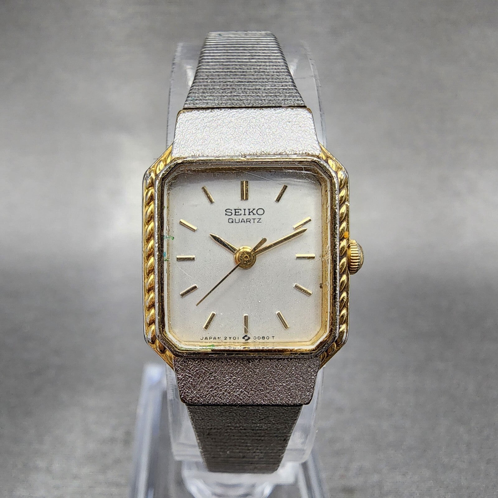 Seiko Watch Women 17mm Silver Dial Two Tone Rectangle 2Y015A70 New Battery0