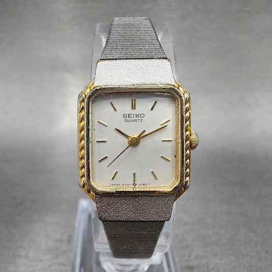 Seiko Watch Women 17mm Silver Dial Two Tone Rectangle 2Y015A70 New Battery0