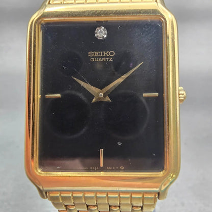 Seiko Watch Men 27mm Black Dial Gold Tone Rectangle 5Y30-5189 New Battery VTG1