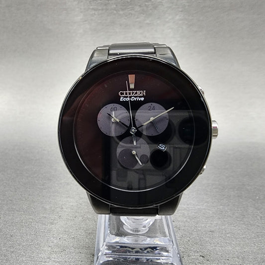 Citizen Eco-Drive Axiom Chronograph Watch Men 43mm Black Dial Black Tone Runs
