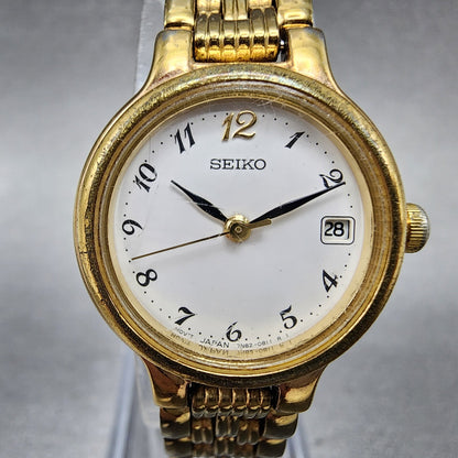 Seiko Watch Women 23mm White Dial Gold Tone Date Round 7N820228 New Battery B121