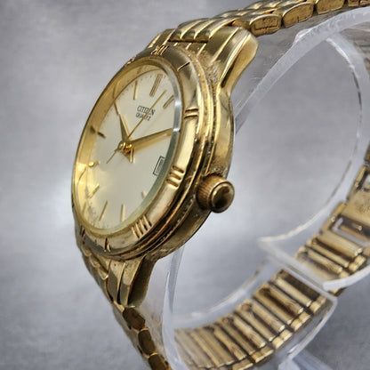 Citizen Watch Women 24mm Cream Dial Gold Tone Date Round 1012K13131 New Battery2