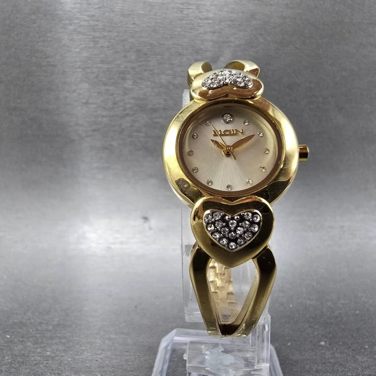 Elgin Watch Women 22mm Champagne Dial Gold Hearts Crystals Round Bangle New Batt5