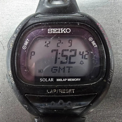 Seiko Super runner Watch Men 43mm Black Alarm Chronograph S680-00A0 Solar READ!!1