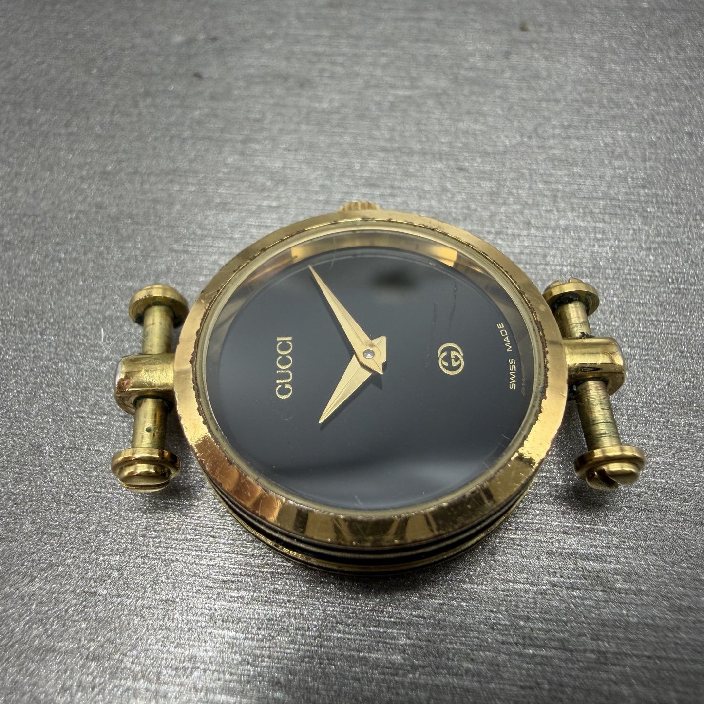 Gucci 2000L Watch Women 22mm Black Dial Gold Plated Round New Battery VTG UNFDH3