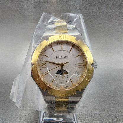 Balmain Moonphase Watch Women 33mm White Dial Two Tone Date Round Diamonds0