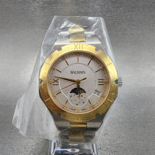 Balmain Moonphase Watch Women 33mm White Dial Two Tone Date Round Diamonds0