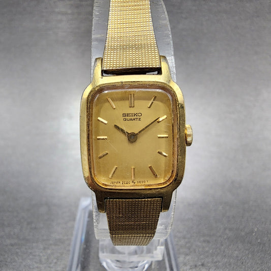 VTG Seiko Watch Women 17mm Gold Dial Gold Tone Rectangle 2C20-5320 New Battery