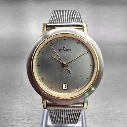 Skagen Denmark Watch Women 28mm Silver Dial Two Tone Date Round 16SGS New Batt0