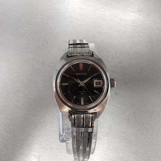 Seiko Automatic Watch Women 23mm Black Dial Silver Tone Date 2517-0221 PARTS
