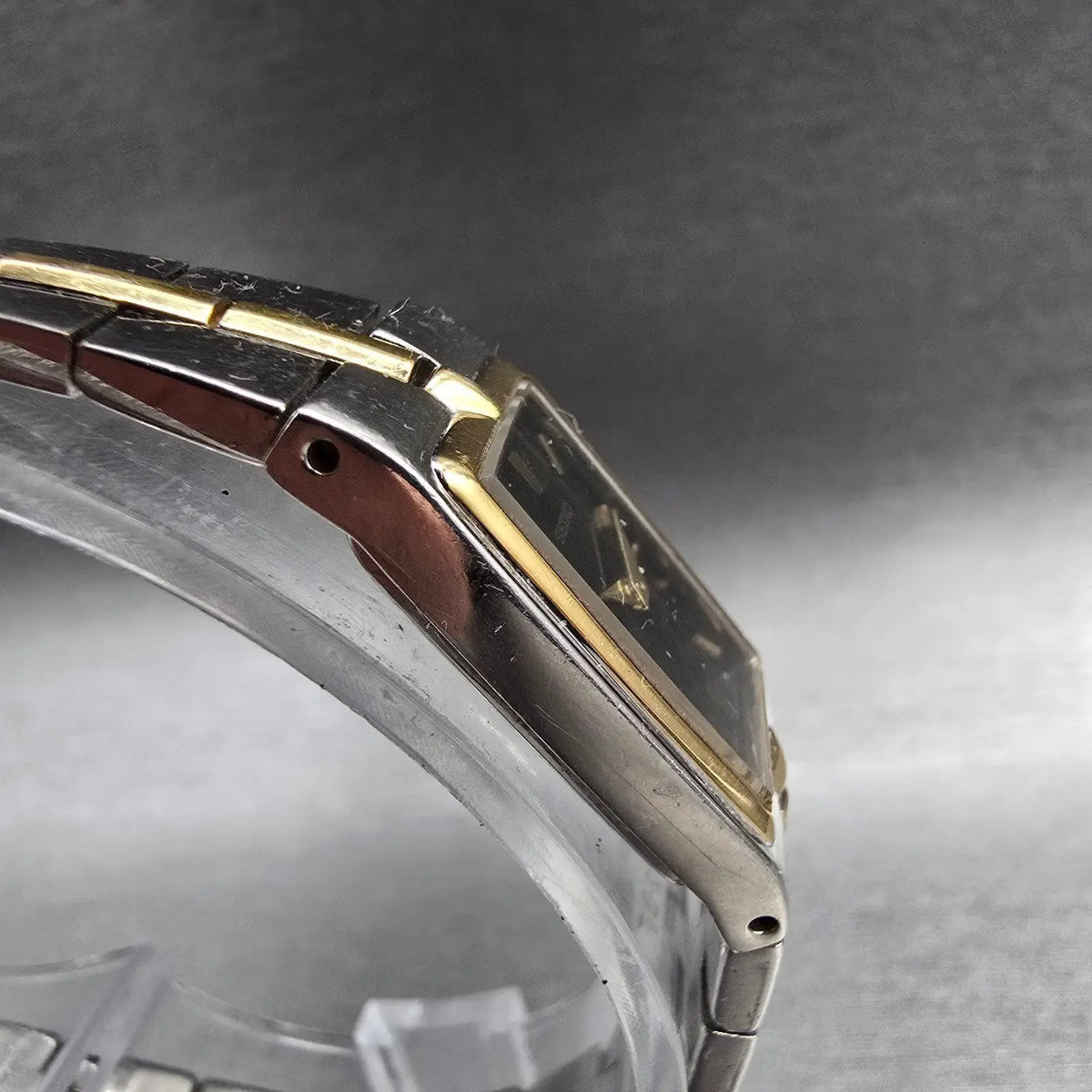 Seiko Tank Watch Women 13mm Black Dial Two Tone Rectangle 2E20-0AY0 New BatteryP3
