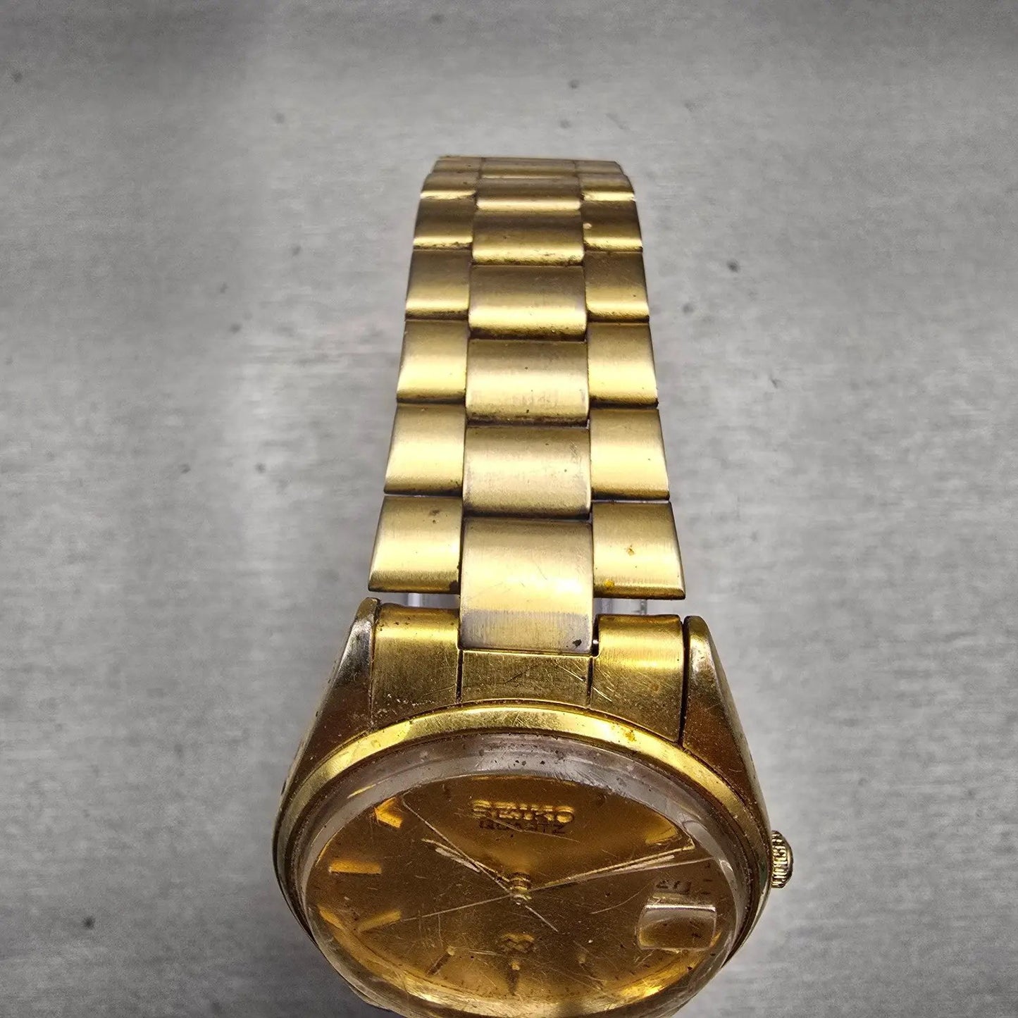 Seiko SQ Watch Men 32mm Gold Dial Gold Tone Date Round 5Y22-6009 New Battery VTG4