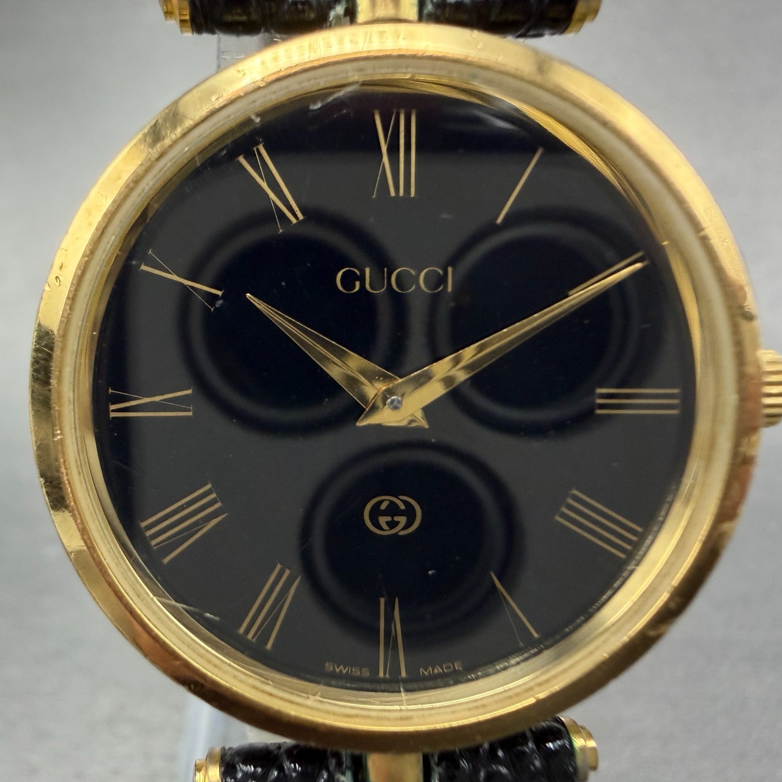 Gucci 2000M Watch Men 30mm Black Dial Gold Plated Leather Round New Battery VTG1